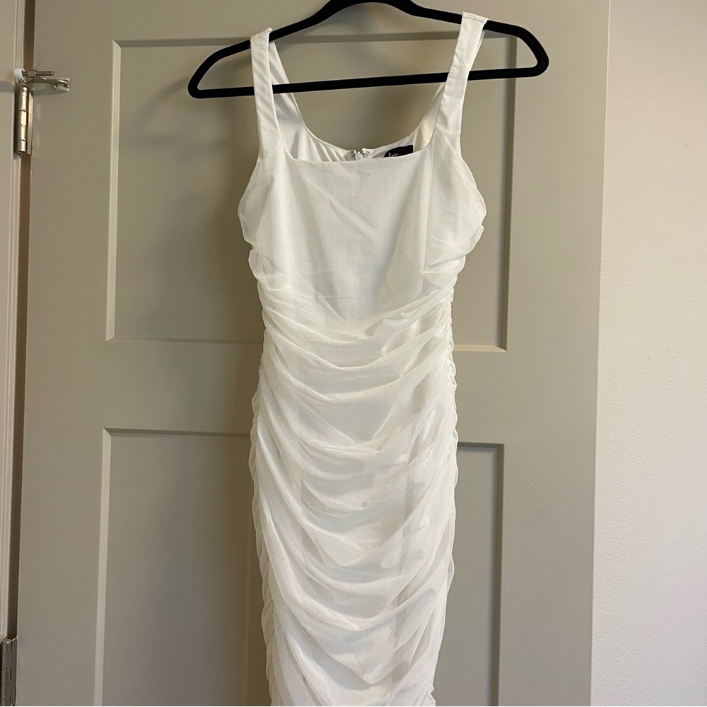 Lulu's White Ruched Midi Bodycon Dress